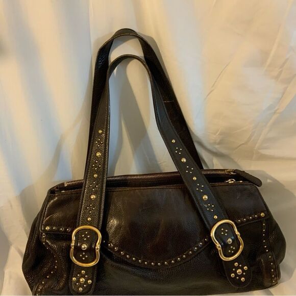 MICHAEL KORS Brown Leather Studded LARGE Shoulder Bag Purse Vintage - Picture 3 of 16